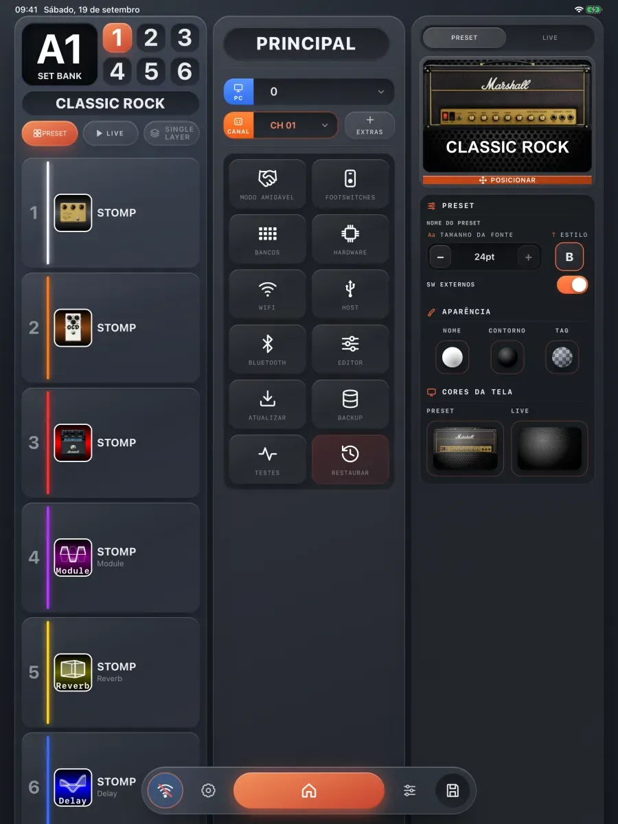 BFMiDi Editor no iPad: preset A1 Classic Rock com a imagem de fundo da tela, a lista de footswitches e o menu de configurações.