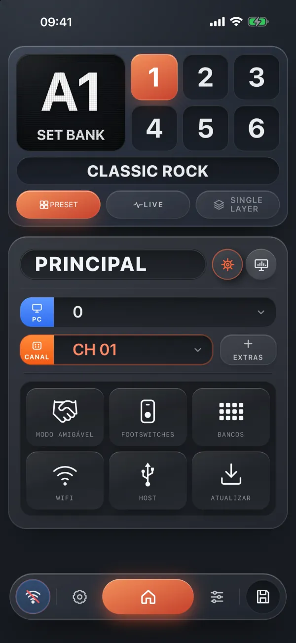 BFMiDi Editor no iPhone: o console do banco A1 Classic Rock, com as teclas de 1 a 6 e os atalhos para modo amigável, footswitches, bancos, Wi‑Fi, host e atualização.