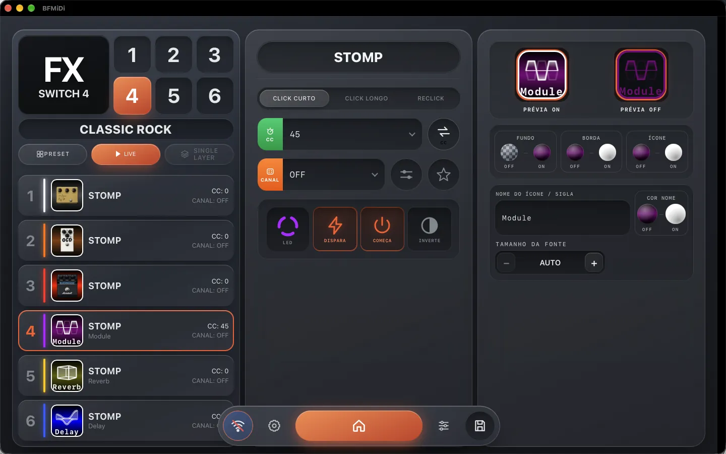 BFMiDi Editor no computador, no modo LIVE: os seis footswitches do preset Classic Rock, cada um com ícone e cor próprios, e o footswitch 4 em edição no modo stomp.